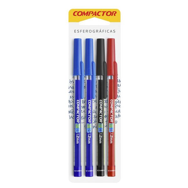 Caneta Esferográfica Compactor 1.2mm 3 Cores com 4 Unidades