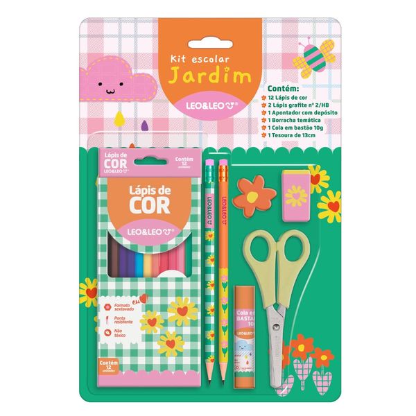 Kit Escolar Leo&Leo Jardim com 12 Lápis de Cor, Apontador, Borracha, Cola, Lápis, Régua e Tesoura