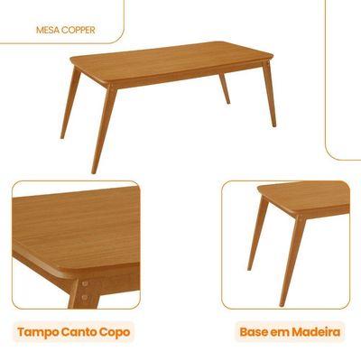 Mesa De Jantar Copper 180cm Madeira Tampo Canto Copo Moderna Naturale/ Capuccino