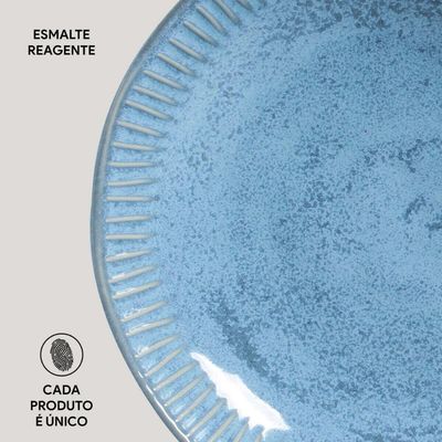 Jogo 4 Pratos Rasos e 4 Pratos Fundos Cerâmica Azul Linhas Breeze Porto Brasil Mesa Posta