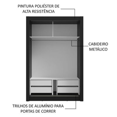 Guarda-roupa Solteiro 2 Portas Correr Espelhos 4 Gavetas