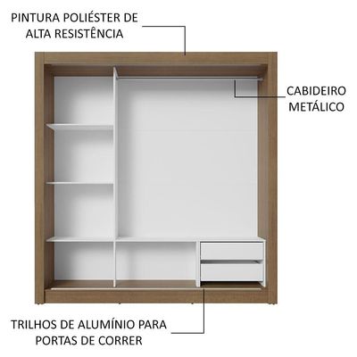Guarda-roupa Casal 3 Portas Correr Espelho 2 Gavetas Rustic