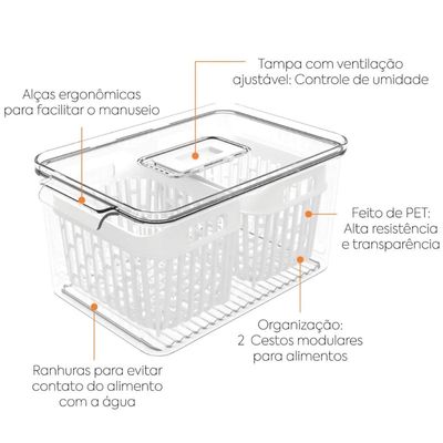 Organizador de Geladeira 3,2L 2 Cestos Escorredor Dry Coza Alças Laterais Plástico