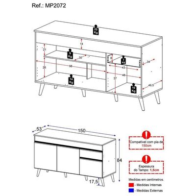 Balcão Cozinha Gabinete Pia 150 Cm 3 Portas Gw Mp2072 Branco