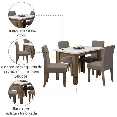 Conjunto De Mesa Sala De Jantar Miami Com 4 Cadeiras Trieste Suede 1,20m Cedro / Off White / Mascavo