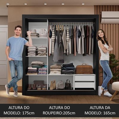 Guarda-roupa Casal 3 Portas Correr Preto/Cinza Sublime