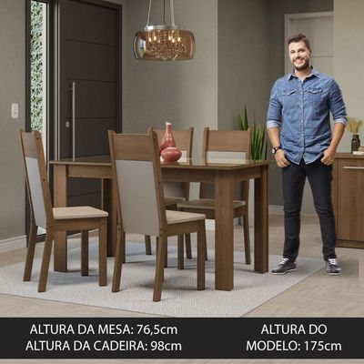 Mesa de Jantar Tampo Vidro 4 Cadeiras Rustic-crema-bege