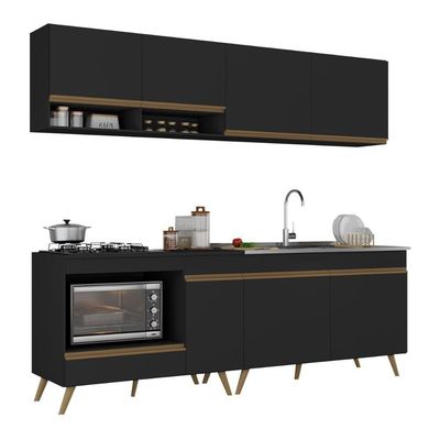 Armário De Cozinha Modulada Compacta 4 Peças Com Balcão Para Cooktop Veneza Multimóveis Mp2264 Preto Dourado