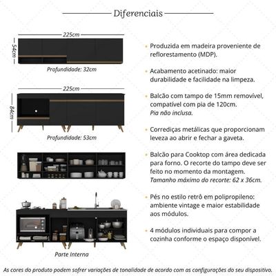 Armário De Cozinha Modulada Compacta 4 Peças Com Balcão Para Cooktop Veneza Multimóveis Mp2264 Preto Dourado