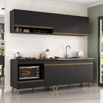 Armário De Cozinha Modulada Compacta 4 Peças Com Balcão Para Cooktop Veneza Multimóveis Mp2264 Preto Dourado