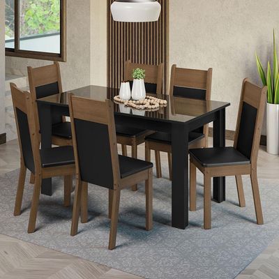 Mesa Tampo Vidro 6 Cadeiras Preto-Rustic Madesa