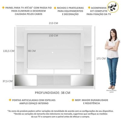 Rack com Painel Suporte Tv 65´´ Espelho Branco /Madeirado
