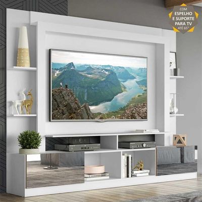 Rack com Painel Suporte Tv 65´´ Espelho Branco /Madeirado