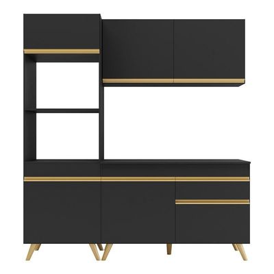 Armário De Cozinha Compacta 182cm Veneza Multimóveis V3694 Preto/dourado Preto/dourado
