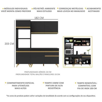 Armário De Cozinha Compacta 182cm Veneza Multimóveis V3694 Preto/dourado Preto/dourado