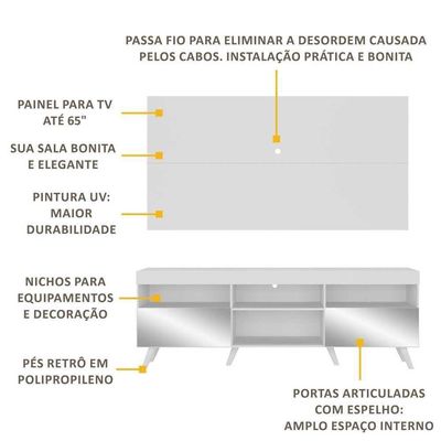 Rack C/ Painel Tv 65" Com Espelho Holanda Br3138 Branco