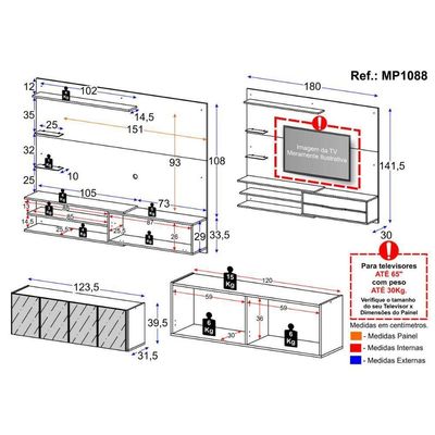 Painel Para Tv Até 65 Polegadas Com Aparador 4 Portas Com Espelho Mp1088 Rustic-preto Rustic-preto