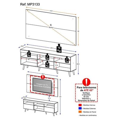 Rack com Painel TV até 65" e Pés Retrô Flórida Multimóveis