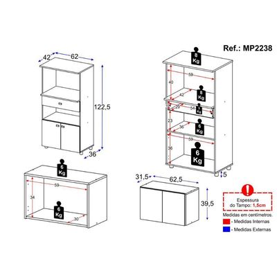 Kit Armário De Cozinha 2 Portas Com Balcão Multiuso Multimóveis Mp2238 Branco Branco