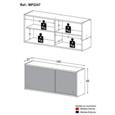 Armário De Cozinha Aéreo 105cm 2 Portas De Correr Em Vidro Xangai Multimóveis Mp2247 Branco Branco