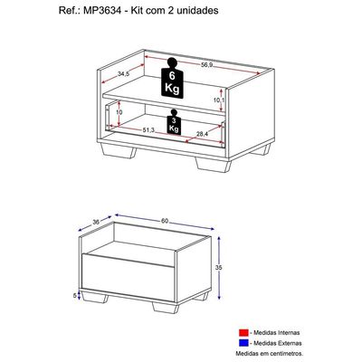 Kit com 2 Mesas de Cabeceira 60 Cm com Pés Quadrados Branca