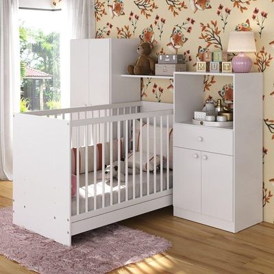 Berço 3 Em 1 Com Colchão e Guarda-roupas 4 Portas 1 Gaveta Mp4153 Branco