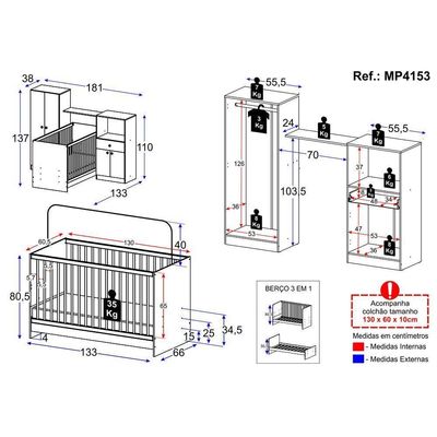 Berço 3 Em 1 Com Colchão e Guarda-roupas 4 Portas 1 Gaveta Mp4153 Branco
