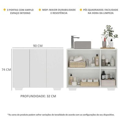 Gabinete Banheiro 3 Portas 90cm Mp5031 Branco