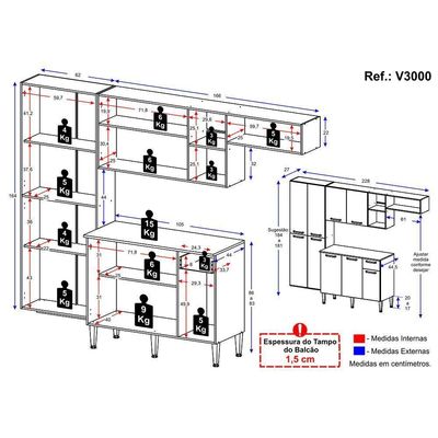 Armário De Cozinha Compacta Com Balcão Multimóveis V3000