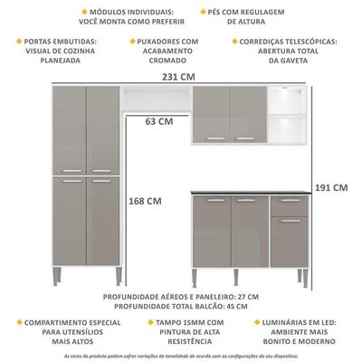 Cozinha Compacta Multimóveis Fg3414 2 Leds Branca/lacca Fumê