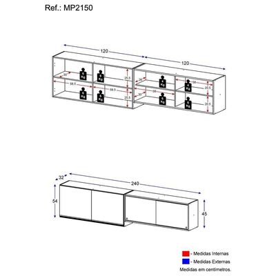 Kit 2 Armários De Cozinha Aéreos 4 Portas Veneza Multimóveis Mp2150 Branco/preto Branco/preto