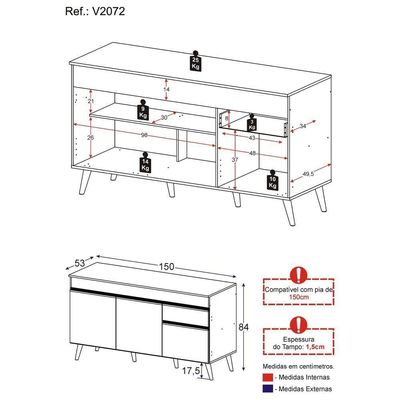 Balcão Cozinha Gabinete Pia 150cm 3 Portas 1 Gaveta Veneza Multimóveis V2072 Preto Preto