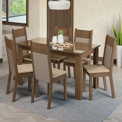 Mesa de Jantar Tampo Vidro 6 Cadeiras Rustic-crema-bege
