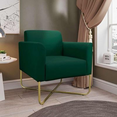 Poltrona Decorativa Base Industrial X Dourada Maressa S23 Suede Verde - Ibiza