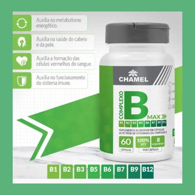 Complexo B Max em cápsulas (Vitaminas B1, B2, B3, B5, B6, B7, B9 e B12) Chamel