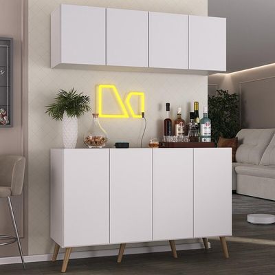 Kit Bar Armário Aéreo Aparador 4 Portas Mp1086 Branco/natural