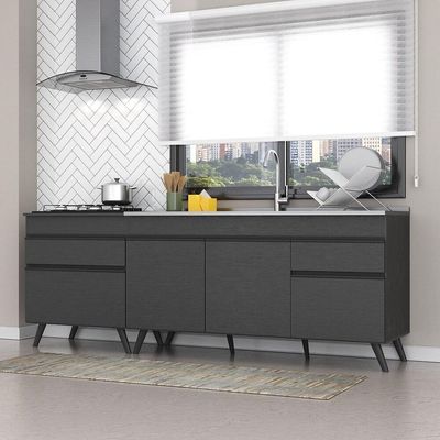 Kit Com 2 Balcões De Cozinha 150cm E 70cm Veneza Multimóveis V2073 Preto Preto