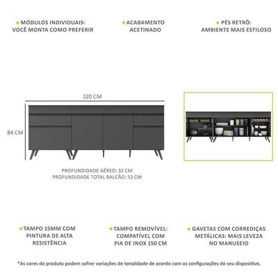Kit Com 2 Balcões De Cozinha 150cm E 70cm Veneza Multimóveis V2073 Preto Preto