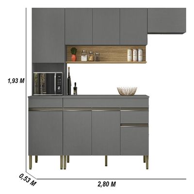 Armário De Cozinha Completa 150 Com Balcão Para Pia 9 Portas Line Freijó-gris