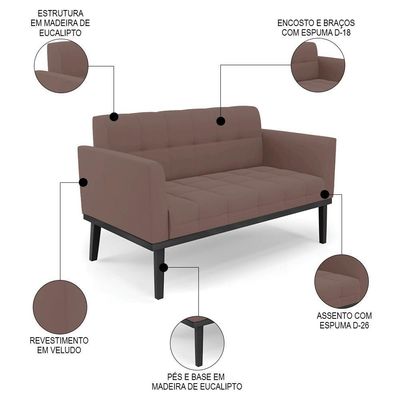 Sofá Namoradeira E 1 Poltrona Base Madeira Preto Ana Veludo Rosê - Ibiza