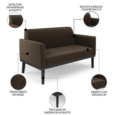 Sofá Namoradeira E 1 Poltrona Base Madeira Preto Maressa Suede Marrom - Ibiza
