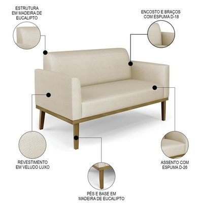 Sofá Namoradeira E 1 Poltrona Base Madeira Castanho Maressa Veludo Luxo Off White - Ibiza
