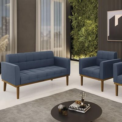 Sofá Namoradeira E 1 Poltrona Base Madeira Castanho Ana Suede Azul Marinho - Ibiza