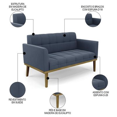 Sofá Namoradeira E 1 Poltrona Base Madeira Castanho Ana Suede Azul Marinho - Ibiza