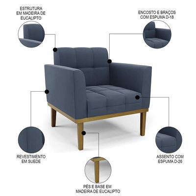 Sofá Namoradeira E 1 Poltrona Base Madeira Castanho Ana Suede Azul Marinho - Ibiza