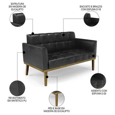 Sofá Namoradeira E 1 Poltrona Base Madeira Castanho Ana Sintético Pu Preto - Ibiza