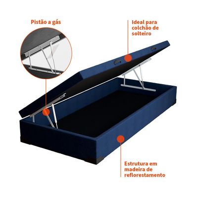 Base para Cama Box Solteiro Guldi com Baú Linho (47x88x188 cm) Azul Marinho