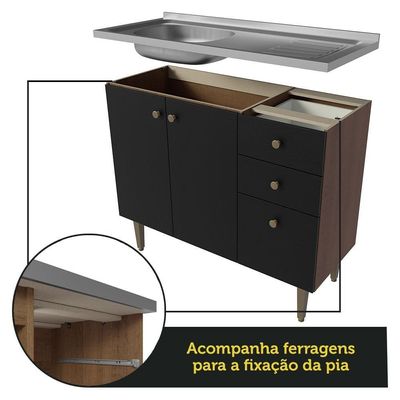 Balcão Gabinete Com Pia 105cm 3 Portas 1 Gaveta Rustic