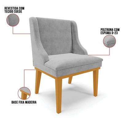 Kit 4 Cadeiras Estofadas Para Sala De Jantar Base Fixa De Madeira Castanho Lia Suede Cinza - Ibiza