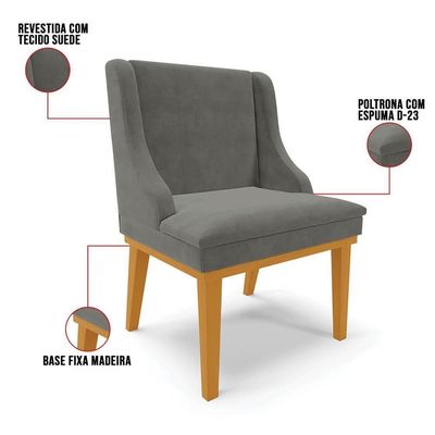 Kit 2 Cadeiras Estofadas Para Sala De Jantar Base Fixa De Madeira Castanho Lia Suede Grafite - Ibiza